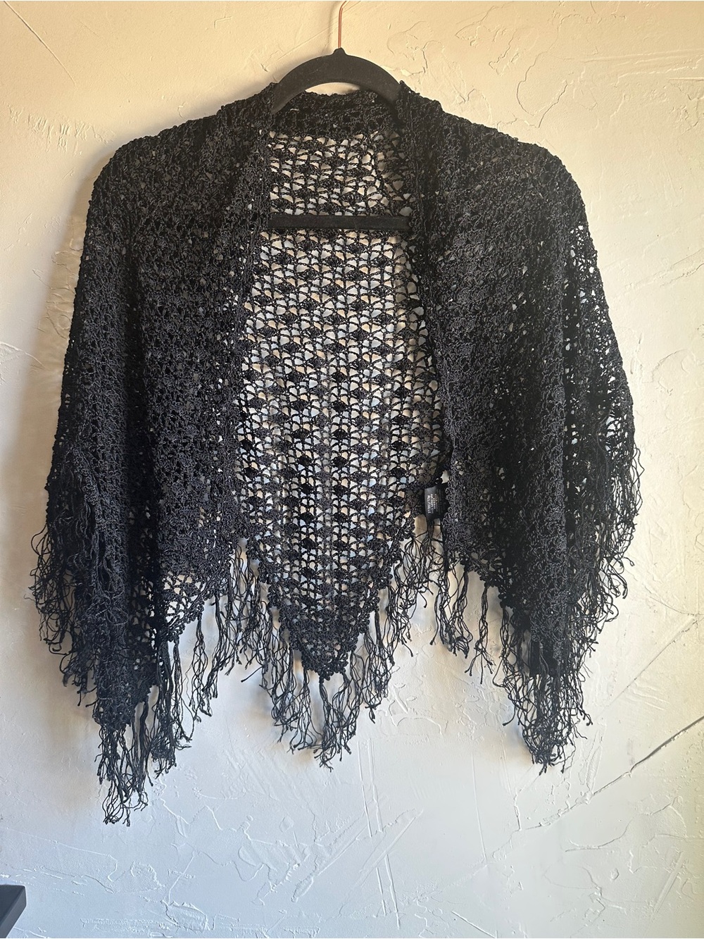 Black Crochet Fringe Shawl Wrap Goth Boho Whimsigoth Witchy Guess 52x28